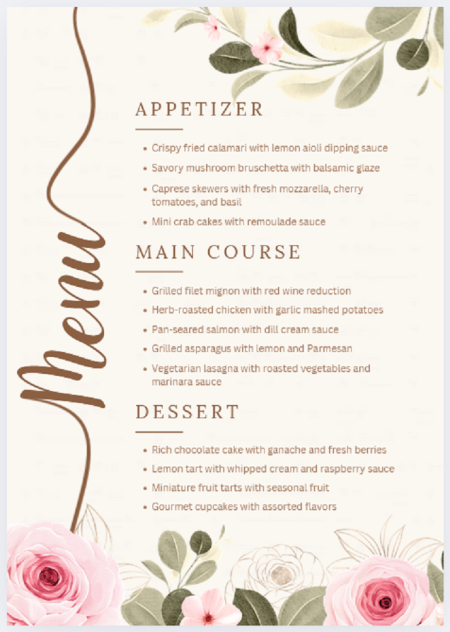 Meniu de nuntă elegant, cu flori în acuarelă, în nuanțe bej și maro